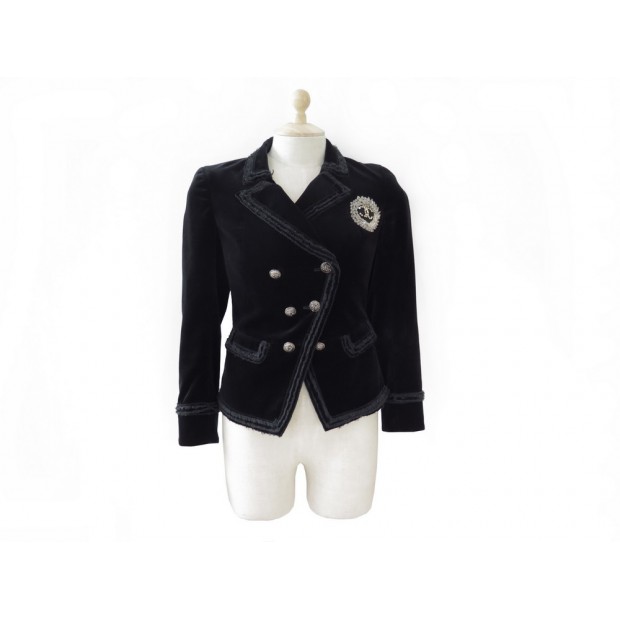 NEUF VESTE CROISSE CHANEL P38249 34 XS EN VELOURS NOIR ECUSSON LOGO JACKET 4200€