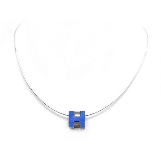 NEUF COLLIER HERMES CAGE H PENDENTIF BLEU SATURE CHAINE ARGENT 925 NECKLACE 280€