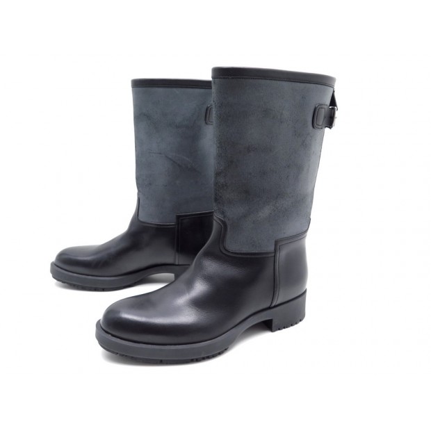 NEUF BOTTES DE MOTARD HERMES 37 BOTTINES CUIR NOIR SUEDE GRIS BIKER BOOTS 1100€