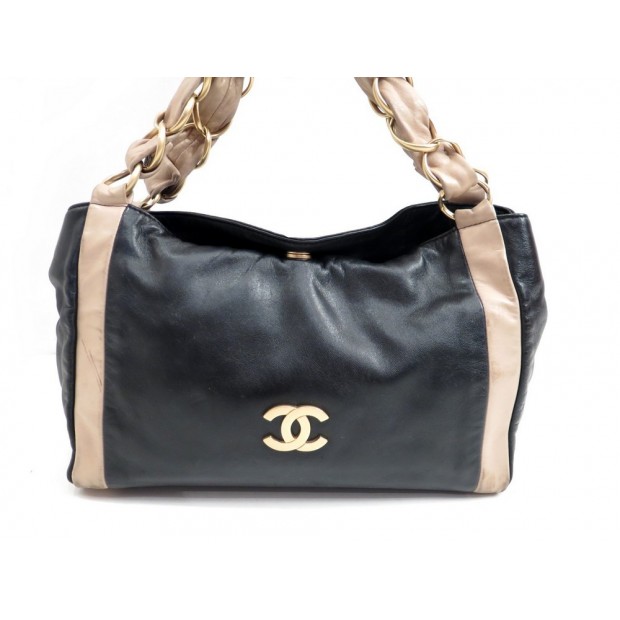 SAC A MAIN CHANEL POLOCHON 30 CM CUIR NOIR ET BEIGE LOGO CC HAND BAG PURSE 2540€