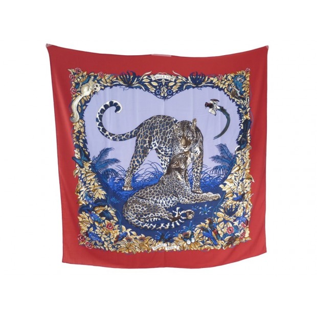 NEUF CHALE HERMES JUNGLE LOVE EN CACHEMIRE ET SOIE ROUGE CARRE SILK SHAWL 930€