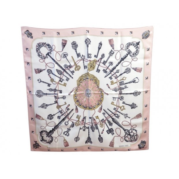 FOULARD HERMES LES CLES CATHY LATHAM CARRE EN SOIE ROSE PINK SILK SCARF 345€