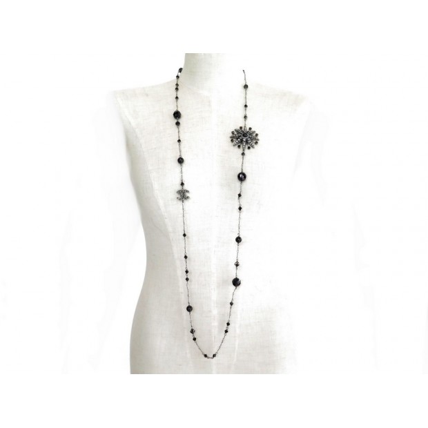 NEUF COLLIER SAUTOIR CHANEL PERLES NOIR LOGO CC ETOILE 2010 125CM NECKLACE 1100€