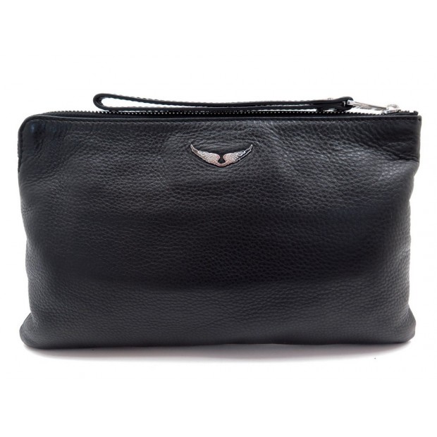 NEUF POCHETTE A MAIN ZADIG & VOLTAIRE UMA PRINT 28 CM CUIR NOIR CLUTCH BAG 135€