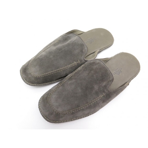 NEUF CHAUSSONS HERMES JOURNEY 42 EN VEAU VELOURS GRIS SAC TROUSSE SLIPPERS 750€