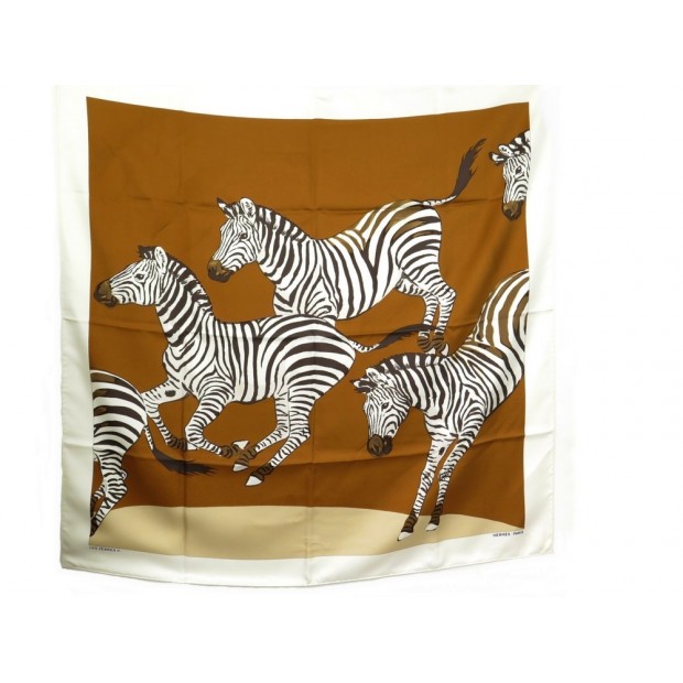 FOULARD HERMES LES ZEBRES II ROBERT DALLET SOIE BEIGE 90 CM SILK SCARF 360€