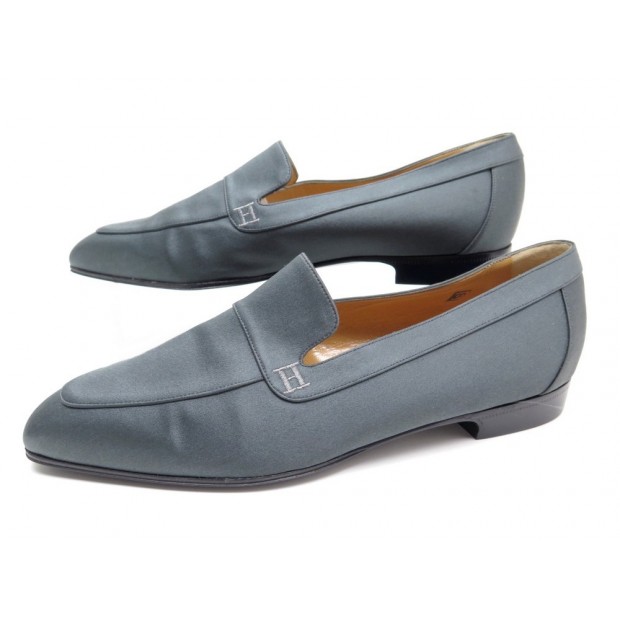 NEUF CHAUSSURES HERMES MOCASSINS LOGO H EN SATIN GRIS 37.5 