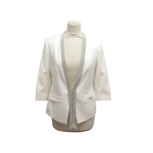 VESTE PHILIPP PLEIN COL STRASS T 36 S EN LAINE ECRU JACKET WHITE WOOL 2145€