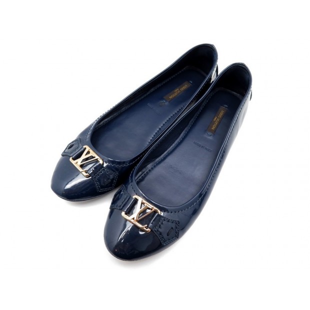 NEUF CHAUSSURES LOUIS VUITTON OXFORD 37.5 BALLERINES CUIR VERNI BLEU SHOES 450€