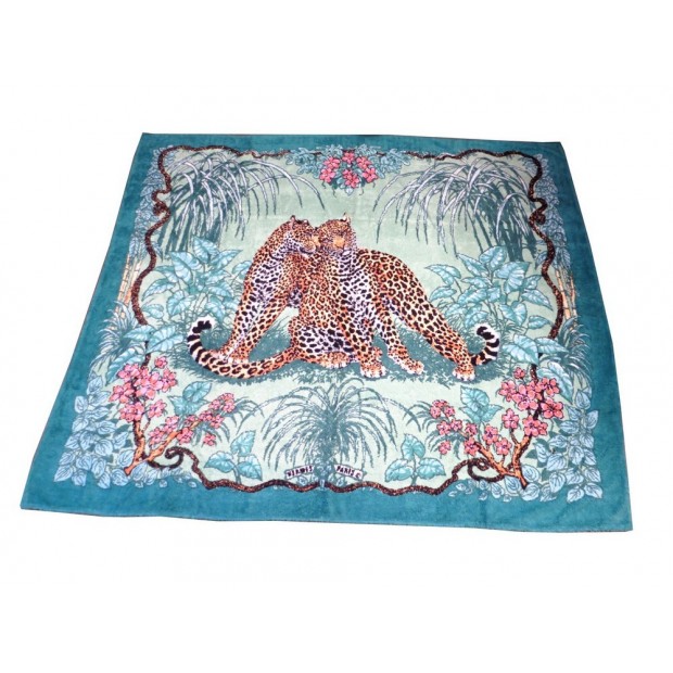 DRAP DE PLAGE HERMES MOTIF LEOPARD 148X87 CM COTON VERT EPONGE BAIN TOWEL 420€