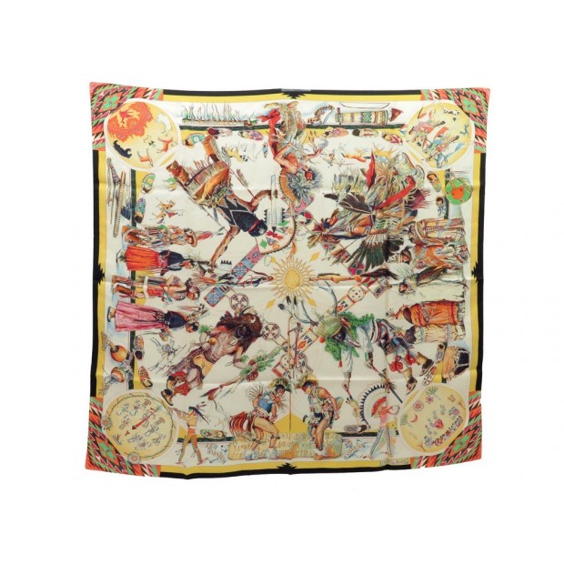 FOULARD HERMES LES DANSES DES INDIENS EN SOIE NOIRE CARRE 90 CM SILK SCARF 360€