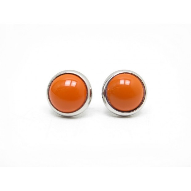 BOUCLES D'OREILLES HERMES PUCES EN EMAIL ORANGE & ACIER PALLADIE EARRINGS 320€