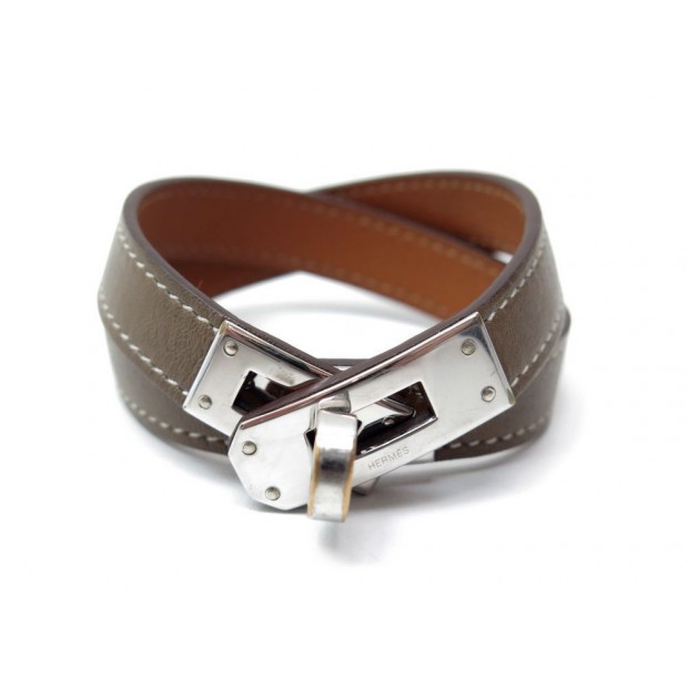 BRACELET HERMES KELLY DOUBLE TOUR T 15.5 EN CUIR SWIFT ETOUPE METAL ARGENTE 450€