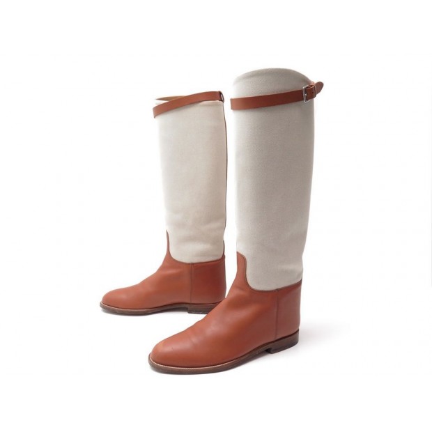 CHAUSSURES HERMES 38 BARDIGIANO BOTTES CAVALIERES EN TOILE & CUIR BOOTS 1500€
