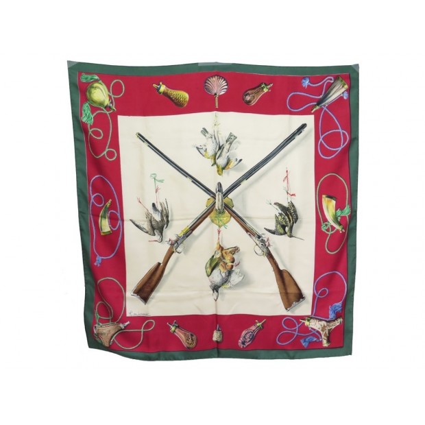 VINTAGE FOULARD HERMES LES FUSILS EN SOIE ROUGE CARRE 90CM 1960 SILK SCARF 360€