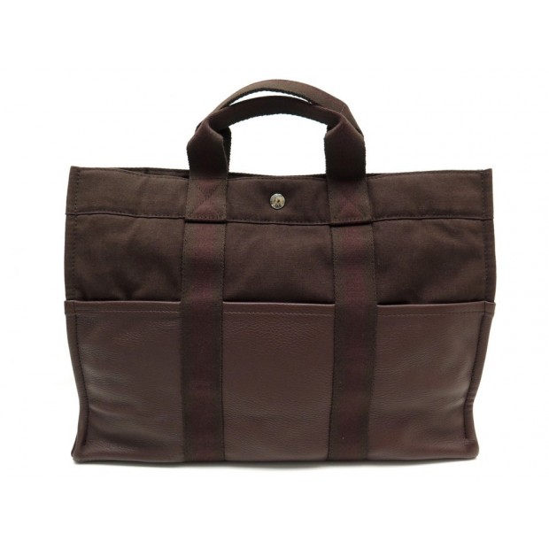 SAC A MAIN HERMES EN TOILE & CUIR MARRON 