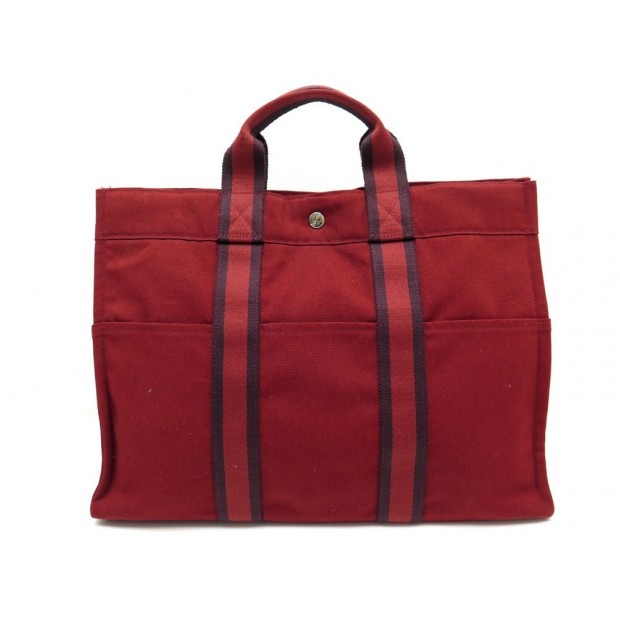 NEUF SAC A MAIN HERMES TOTO 42 CM EN TOILE ROUGE LIE DE VIN RED HAND BAG 1300€