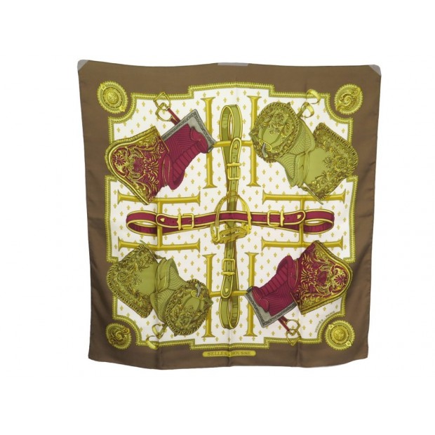 FOULARD HERMES SELLES A HOUSSE 1ERE EDITION 1968 EN SOIE MARRON CARRE SCARF 360€