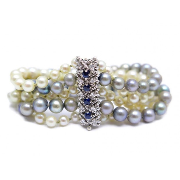 BRACELET 5 RANGS DE PERLES DE CULTURE FERMOIR EN OR BLANC DIAMANTS 0.2CT SAPHIRS