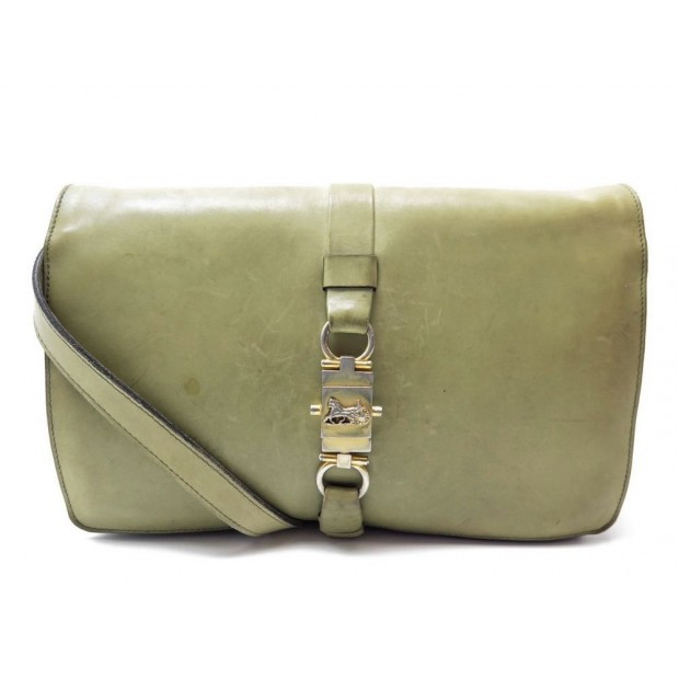 VINTAGE SAC A MAIN CELINE TRIO EN CUIR VERT POCHETTE BANDOULIERE PURSE CLUTCH