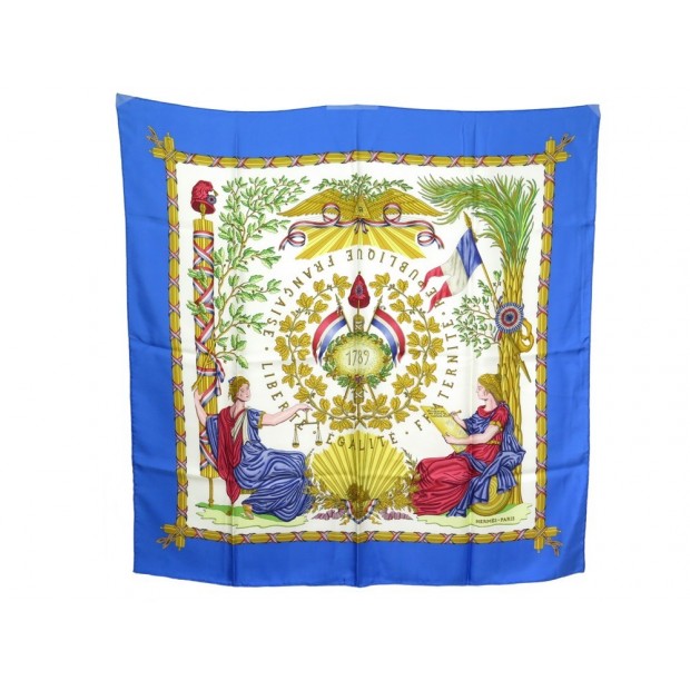 NEUF FOULARD HERMES 1789 LIBERTE EGALITE FRATERNITE SOIE BLEU CARRE 90 CM 360€