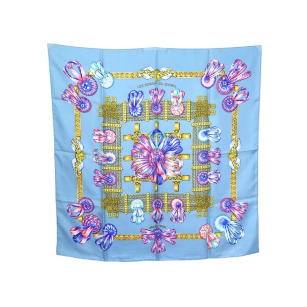 NEUF FOULARD HERMES RUBANS DU CHEVAL EN SOIE BLEUE CARRE 90 CM SILK SCARF 360€