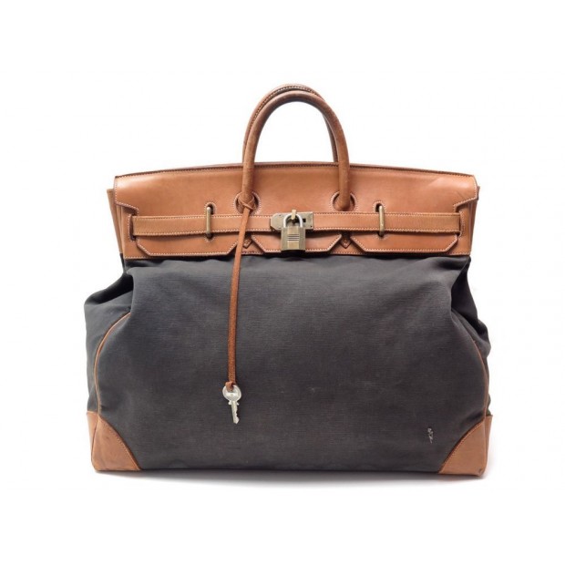 SAC DE VOYAGE A MAIN HERMES BIRKIN HAUT A COURROIES TOILE ET CUIR 