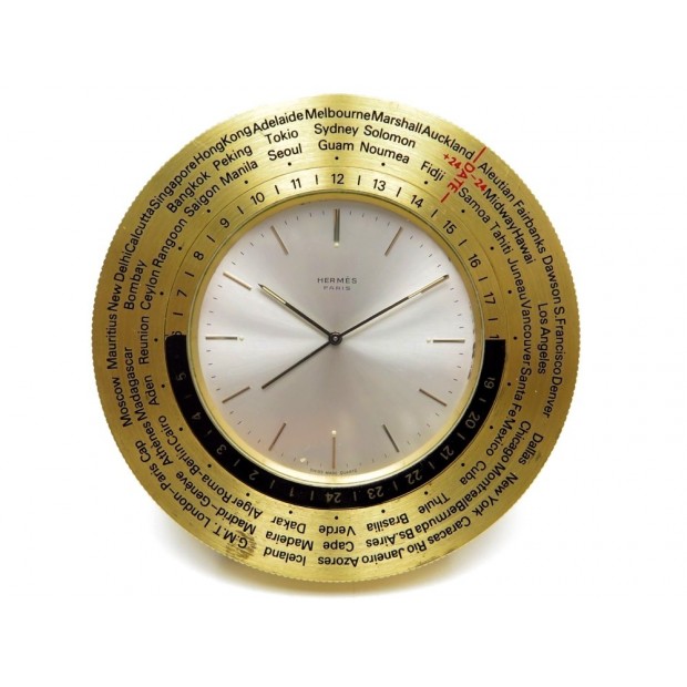 VINTAGE PENDULETTE REVEIL HERMES WORLD TIME GMT EN LAITON ALARM CLOCK GOLDEN