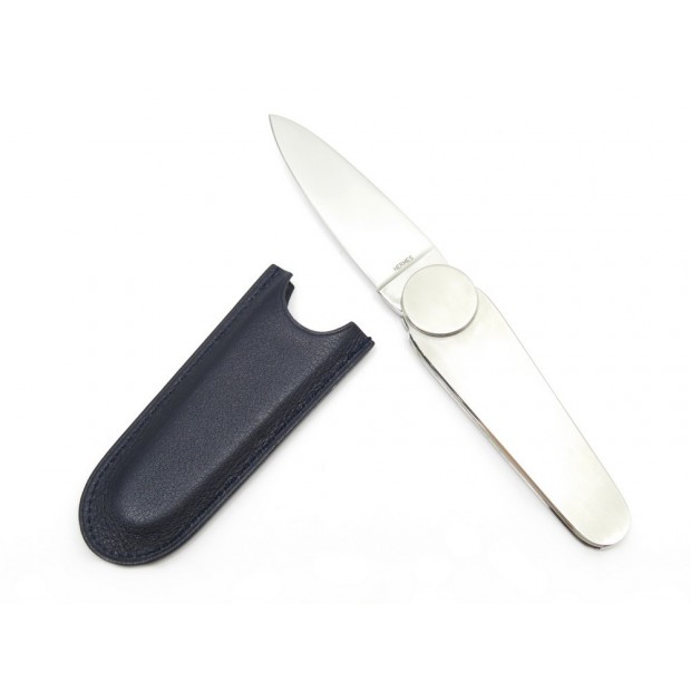 NEUF COUTEAU HERMES CANIF A PIVOT EN ACIER BROSSE + ETUI EN CUIR BLEU KNIFE