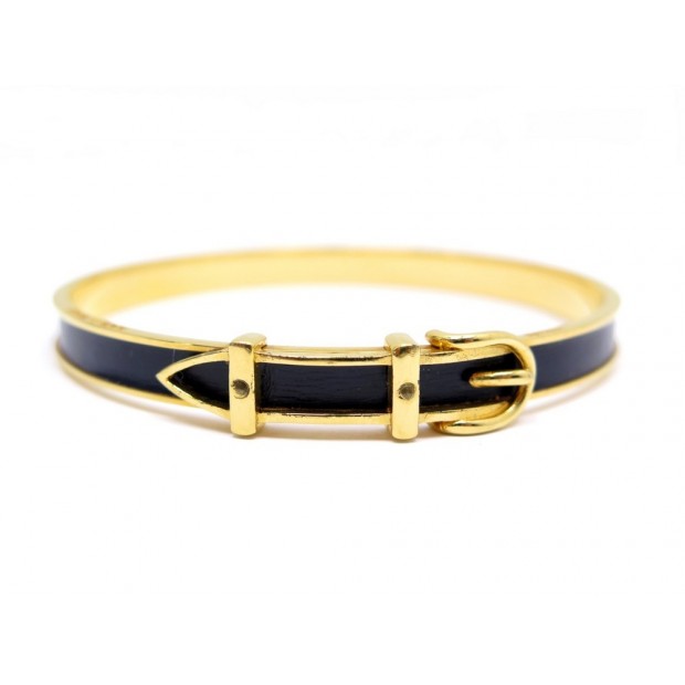 NEUF BRACELET HERMES CEINTURE EN METAL DORE & CUIR NOIR GOLDEN BELT BANGLE