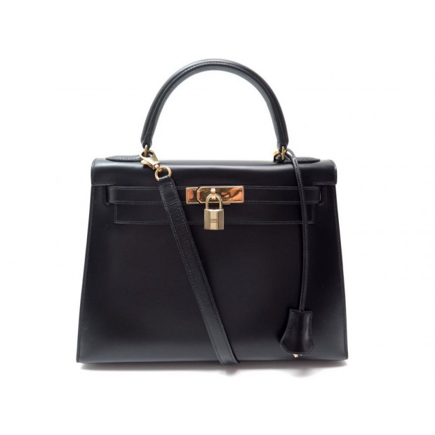 NEUF SAC A HERMES KELLY 28 SELLIER 1993 EN CUIR BOX NOIR BANDOULIERE BAG 7300€