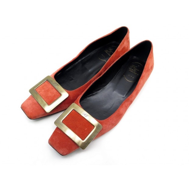 NEUF CHAUSSURES ROGER VIVIER BELLE 37.5 BALLERINES EN VEAU VELOURS ORANGE 550€