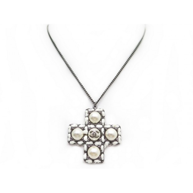 NEUF COLLIER CHANEL GRIPOIX PENDENTIF CROIX EN TWEED & PERLES NECKLACE 880€