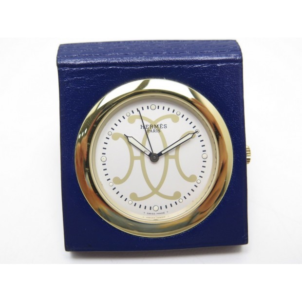 NEUF REVEIL DE VOYAGE HERMES QU1.703 MONTRE ALARME PENDULETTE CUIR BLEU CLOCK