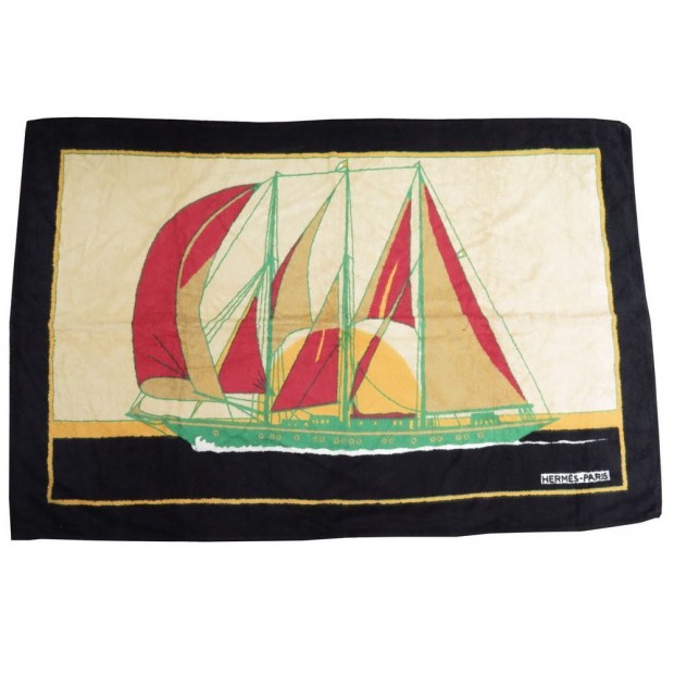 DRAP DE BAIN HERMES BATEAU SERVIETTE DE PLAGE 90 x 145 CM COTON NOIR TOWEL 420€