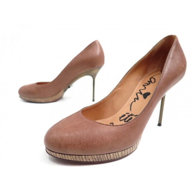 NEUF CHAUSSURES LANVIN ESCARPINS STILETTO PUMP 38 CUIR MARRON + BOITE SHOES 495€