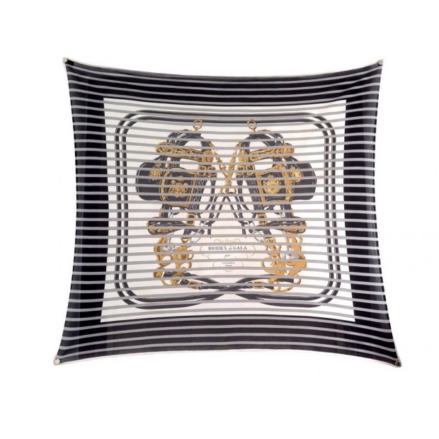 FOULARD HERMES BRIDES DE GALA BAYADERE CARRE 90 JERSEY DE SOIE NOIRE SCARF 575€