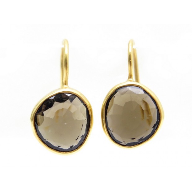 NEUF BOUCLES D'OREILLES ADELLINE OR JAUNE 20K & PIERRE QUARTZ FUME EARRINGS 460€