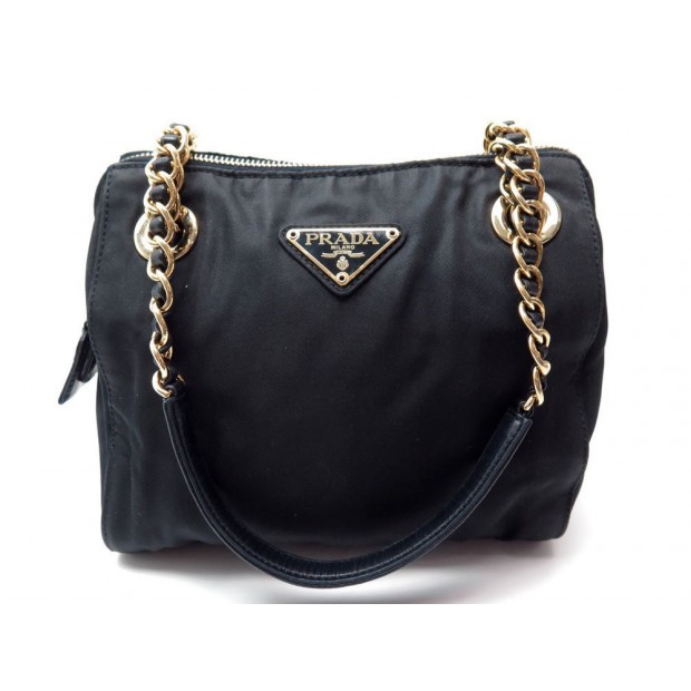 SAC A MAIN PRADA TOILE NOIR DOUBLE ANSE CHAINE METAL DORE CHAIN STRAP BAG 1000€