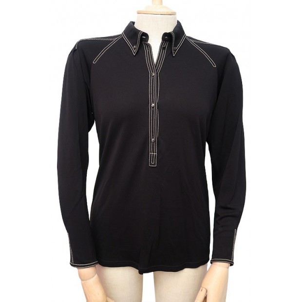 CHEMISE HERMES CHEMISIER COL TUNISIEN FEMME 38 M NOIR BLOUSE HAUT SHIRT 500€