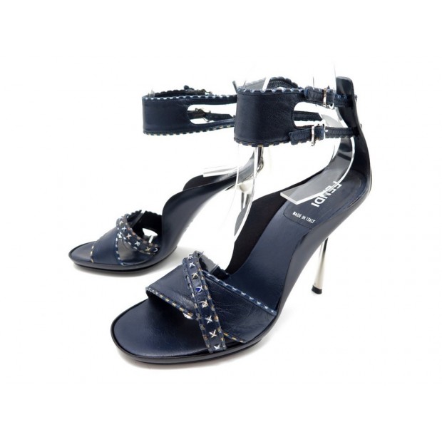 NEUF CHAUSSURES FENDI ESCARPINS STRASS SANDALES 37 FR CUIR BLEU SANDAL SHOE 490