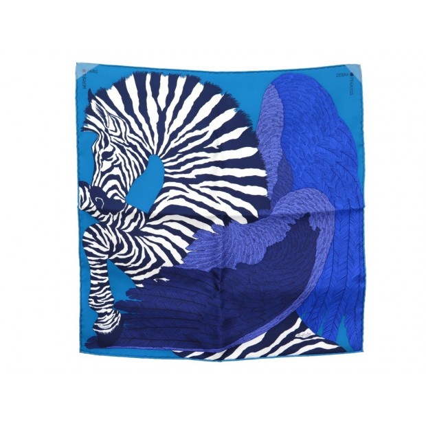 NEUF FOULARD HERMES ZEBRA PEGASUS GAVROCHE SOIE BLEUE BOITE SAC CARRE SCARF 165€