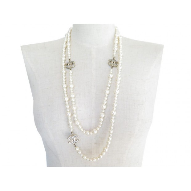 NEUF COLLIER CHANEL SAUTOIR LOGO CC 140 CM EN PERLE NACREE PEARL NECKLACE 1490€