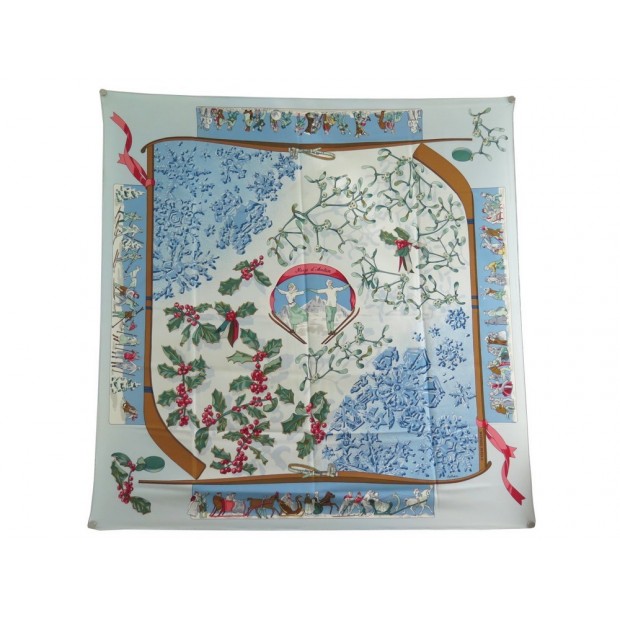 VINTAGE FOULARD HERMES NEIGE D'ANTAN CATHY LATHAM CARRE EN SOIE BLEU SCARF 360€