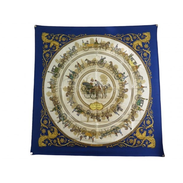 FOULARD HERMES LA PROMENADE DE LONGCHAMPS LEDOUX CARRE EN SOIE BLEU SCARF 360€