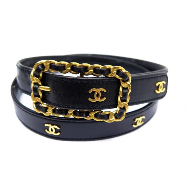 CEINTURE CHANEL EN CUIR NOIR BOUCLE ENTRELACEE T 75 