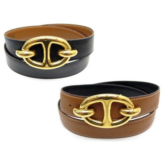 CEINTURE REVERSIBLE HERMES T 77 CUIR 28 MM BOUCLE CHAINE D'ANCRE DOREE BELT 593€