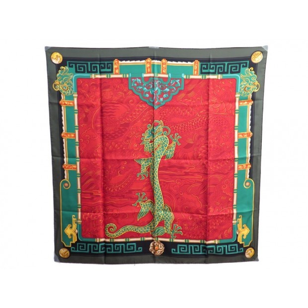 NEUF FOULARD MUST DE CARTIER MOTIF DRAGON EN SOIE ROUGE RED SILK SCARF 340€