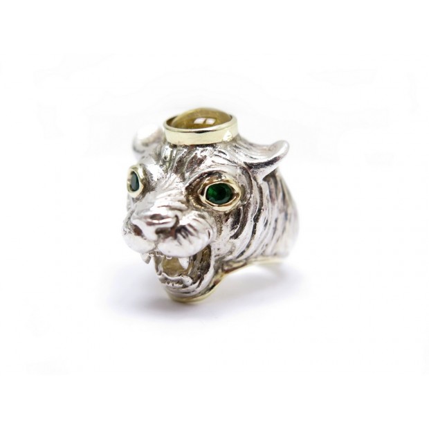 BAGUE CHEVALIERE PIETRA DURA TETE DE LION T 49 EN ARGENT & OR CAROLE MIDY 3800€