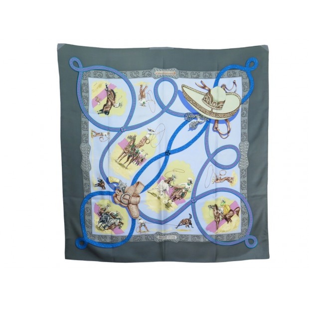 FOULARD HERMES CHARREADA EN SOIE GRISE CARRE 90 J. DE FOUGEROLLE SILK SCARF 360€